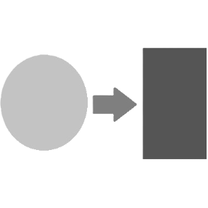 a pale gray circle, with a medium gray arrow pointing away from the circle towards a dark gray rectangle